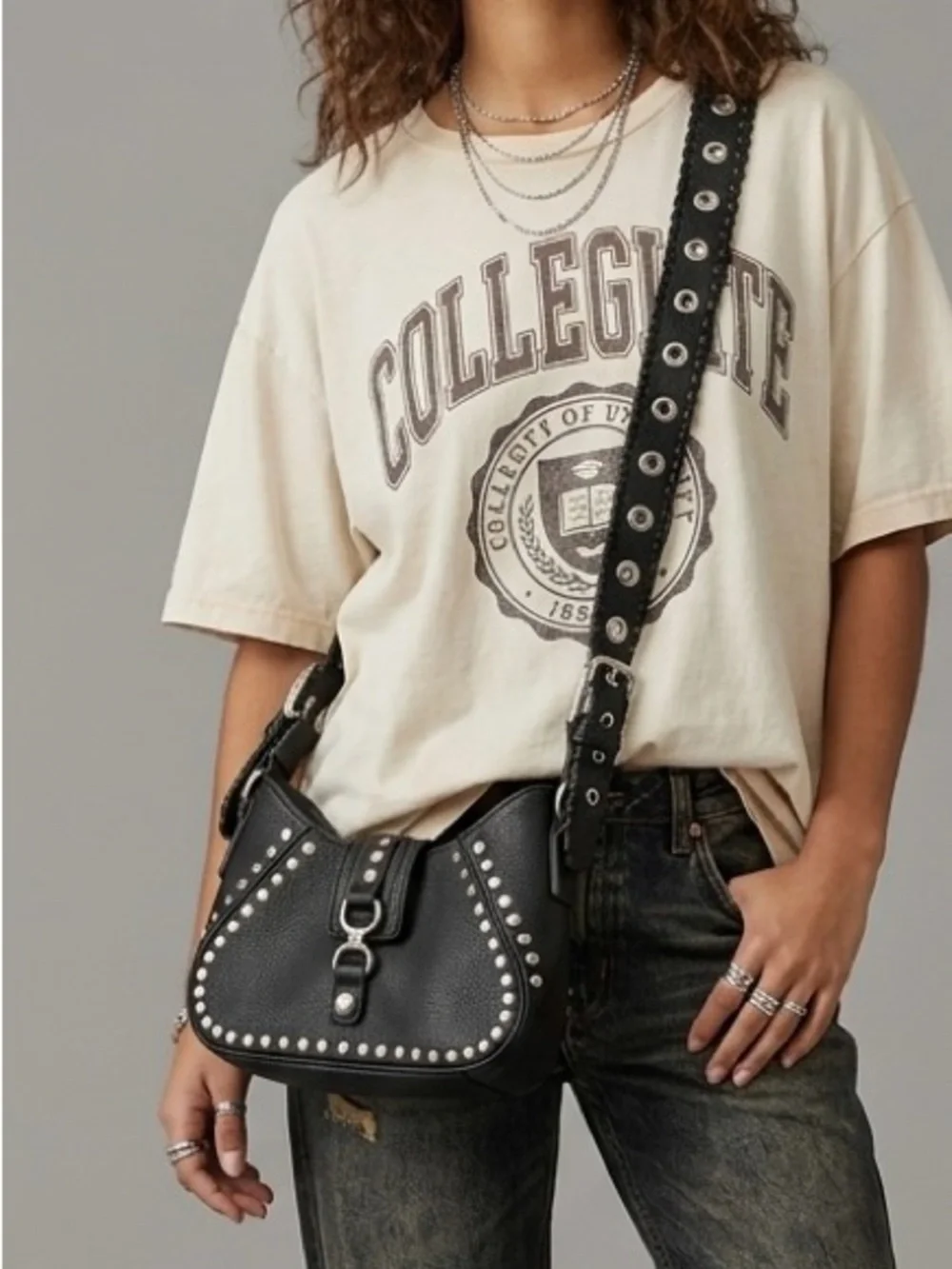 Urban Outfitters Black Studded Leather Shoulder Bag with Grommet Strap